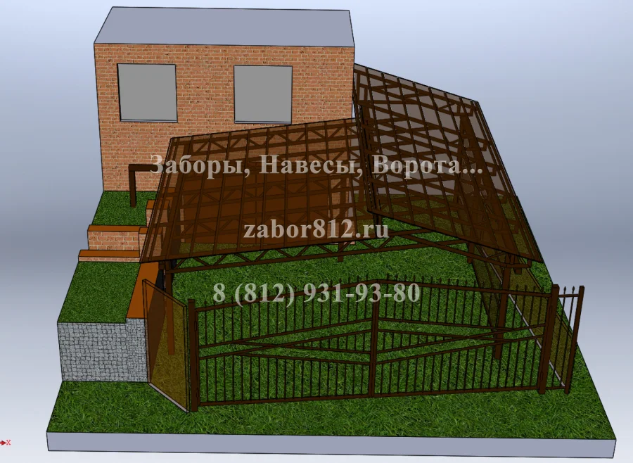 Дизайнерский навес. Распашные сварные ворота. Забор. Дивенская.