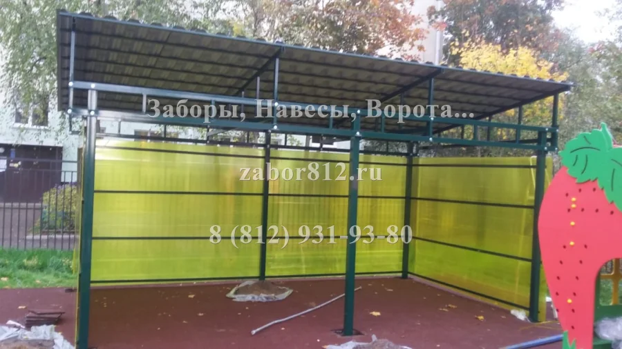 Односкатный навес с зашивкой поликарбонатом. Изготовление Металлокаркаса сборно-разборного.